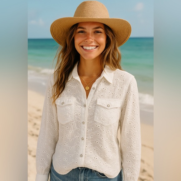 Arizona Jean Co Blouse Eyelet Cotton Long Sleeve Button Up Western White XS - Picture 14 of 14